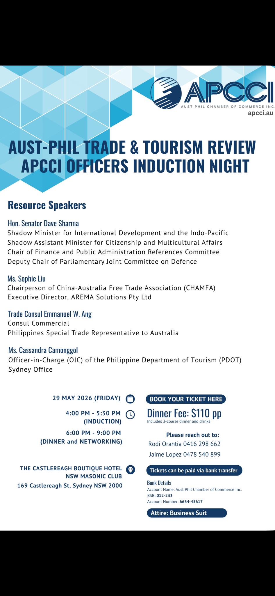 Aust-Phil Trade and Tourism Review and APCCI Officers Induction Night — 29 May 2026 (Event flyer)